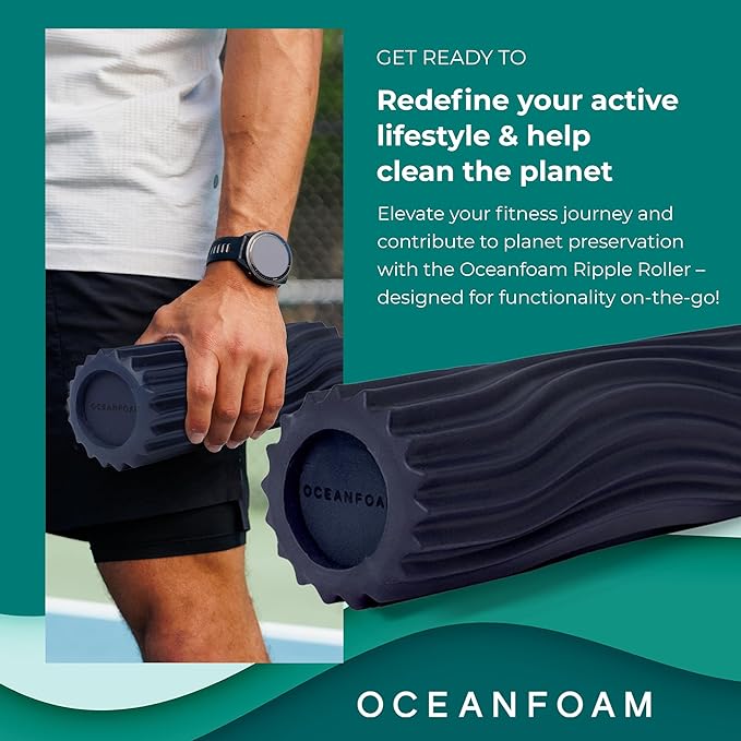 Oceanfoam Ripple Travel Foam Roller (11" x 3.35") Firm Mini Foam Roller for Physical Therapy, Deep Tissue Massage, Back Pain, High Density, Ergonomic Wave Textured, Yoga, Pilates, Exercise (Dark Navy)