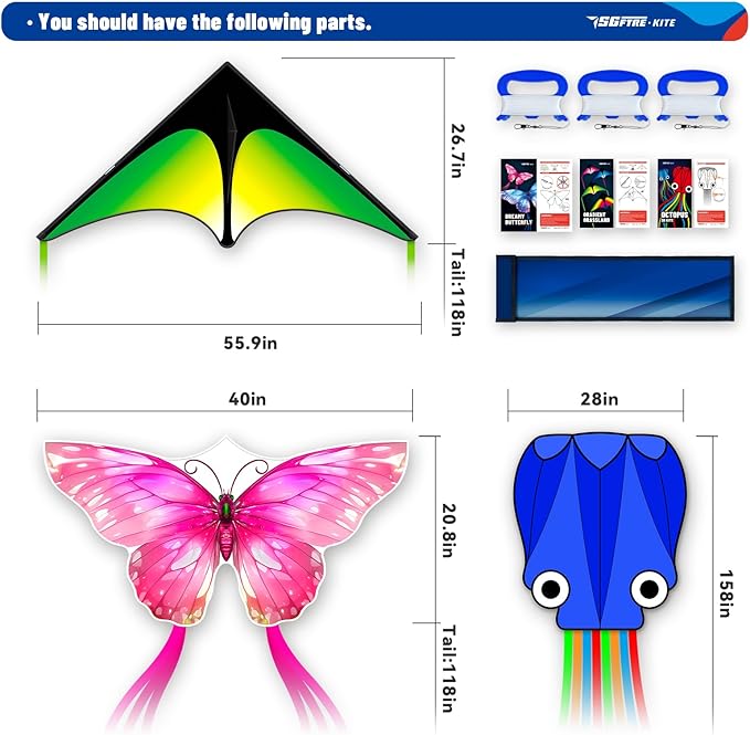 3 Piece Set Butterfly Delta and Octopus Kites for Boys and Girls, Beach Kites for Family Outdoor Games & Activities (Gradient Grassland Green+Octopus Blue+Pink Dreamy Butterfly, 3)