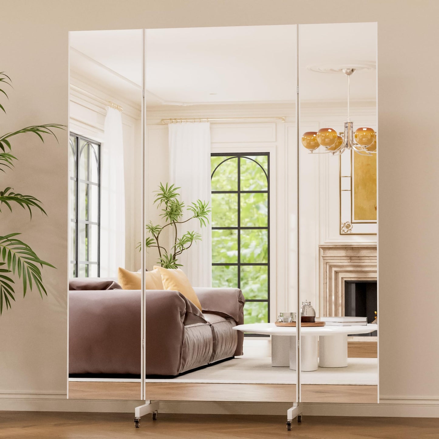 brisafe 67"x55" Folding Mirror with Wheels, 3-Panel Full Length Standing Mirror, Space-Saving