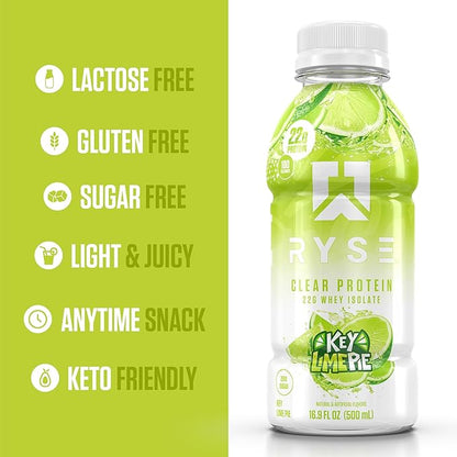 RYSE Clear Protein Shake - Key Lime Pie - 100 Calories, 22g Whey Isolate Protein, Sugar-Free, 0g Fat & Lactose-Free - Refreshing Ready-to-Drink Beverage - 16.9 fl oz Bottles (12-Pack)