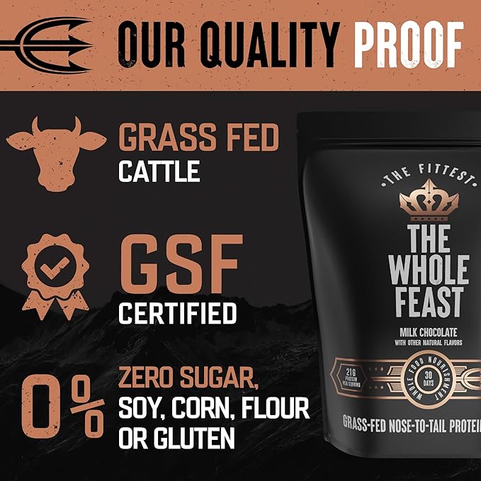 The Fittest Whole Feast Beef Protein Powder - Milk Chocolate - Grass Fed Nose to Tail Carnivore Blend Including Liver, Colostrum and Whole Bone - BCAAs - 14g Collagen, 21g Total Protein