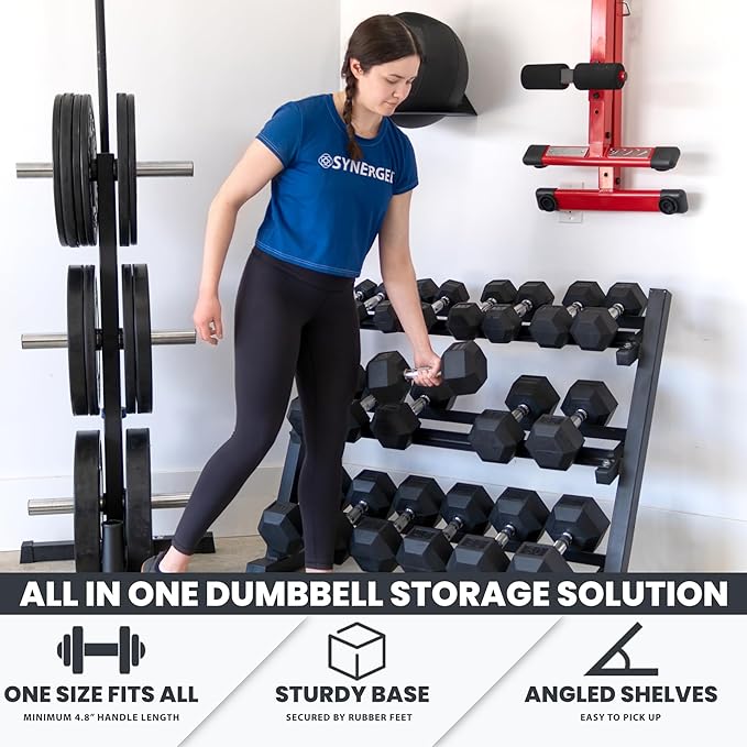 Synergee Dumbbell Rack for Home Gym – 3 Tier Adjustable Weight Rack for Dumbbells – Space-Saving Storage Shelf – Available in 38" or 46" – Heavy Duty Steel Frame – Easy Assembly
