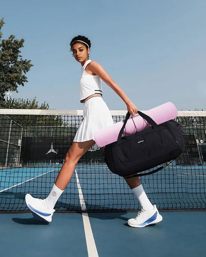 Sportsnew Gym Bag for Men Women with Shoe Compartment Wet Pocket,Yoga Bag with Yoga Mat Holder,Duffel Bag for Travel with Laptop Compartment,Weekender Overnight Carry On Bag(Black Patent Pending)