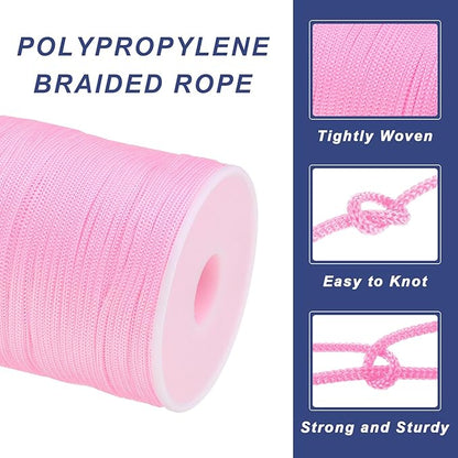 MECCANIXITY 1/12 Inch Polypropylene Rope Braided Ropes, 328ft Nylon Rope Hollow Utility Cord for Clothesline, Camping, Hiking, Outdoor, Light Pink
