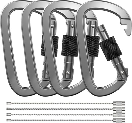 Premium Aluminum D Ring 4" Locking Carabiner Clips with Screw Gate, Set of 4, Lightweight & Durable