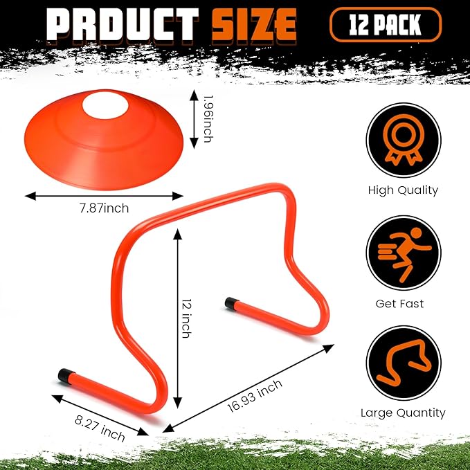 12 Pcs 12 Inch Agility Hurdles Training Equipment Agility Hurdles and Marker Cone Set Disc Cones Speed and Training Obstacle for Athletes Sports Soccer Football Tennis Basketball
