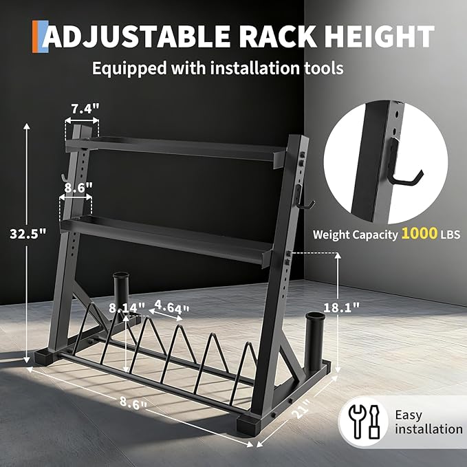 3 Tier Barbell Storage Racks,1000 LBS Capacity Adjustable Weight Rack for Dumbbell, Kettlebell, Barbell Bar(Q235 Carbon Steel)