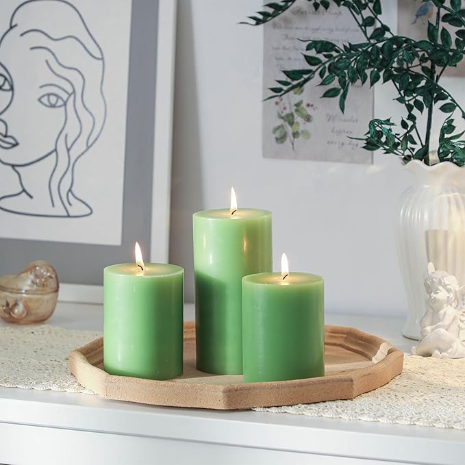 3x4 Inch Green Pillar Candles Set of 3 - Decorative Unscented Pillar Candle, Long Burning Dripless Candle for Table Decor, Smokeless Large Pillar Candles for Wedding Table Decor