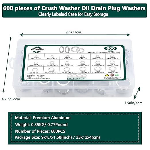 600PCS Oil Drain Plug Gasket Kit,18 Sizes Aluminum Crush Washers Assortment Kit,Automotive, Crush Washer Oil Drain Plug M6 M8 M10 M12 M14 M16 M18 M20 M22 M24