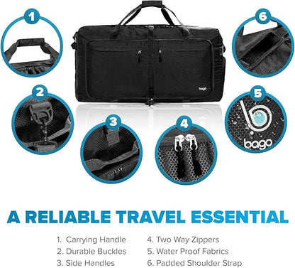 Bago Large Foldable Duffel Bags for Traveling Women & Men - 100L Packable Duffle Bag for Travel with Shoe Compartment - Water Repellant, Heavy Duty, Lightweight Folding & Collapsible (All Black)