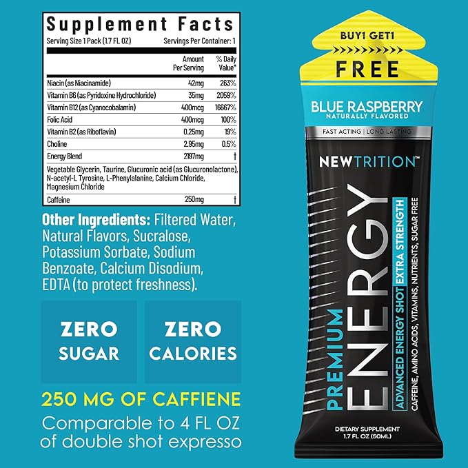 NewTrition® Extra Strength Energy Shots, 250mg Caffeine Energy Shots with Vitamin B & Amino Acids, Sugar-Free Vitamin Energy Shot, 1.7 fl oz (Pack of 6, Blue Raspberry)