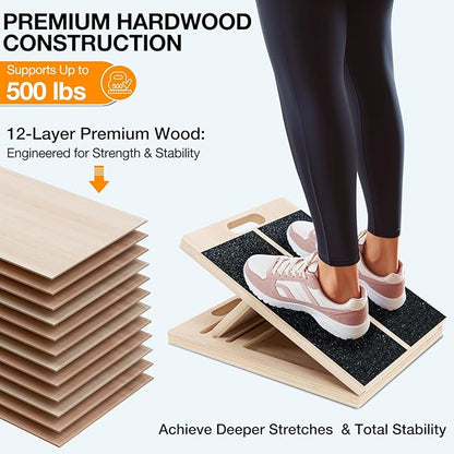 TEMI Slant Board for Calf-Stretching - Wooden Incline Wedge Stretcher for Squats, Foot & Ankle Mobility, Portable Fitness Equipment, Balance Block for Heel Stretch