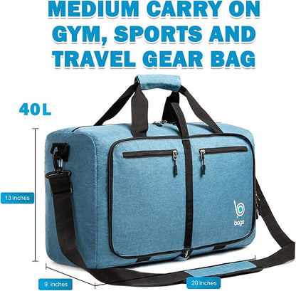 Bago Foldable Duffel Bags for Traveling Women & Men - 40L Sports Packable Duffle Bag for Travel with Shoe Compartment - Water Repellant, Heavy Duty, Lightweight Folding & Collapsible (SnowBlue)
