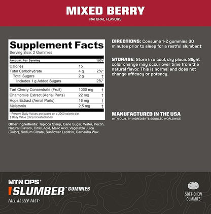 MTN OPS Slumber Sleep Gummies ??60 Servings, Tart Cherry 1000mg, Melatonin 2.5mg, Chamomile, Natural Flavors, Made in USA, Mixed Berry, Nighttime Sleep Aid