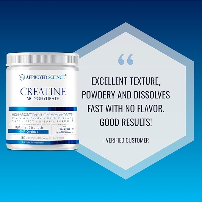 Approved Science Creatine Monohydrate Powder with BioPerine - Supports Lean Muscle Growth and Recovery - 360 Servings - 5000mg Per Serving - Unflavored - Non-GMO, Vegan