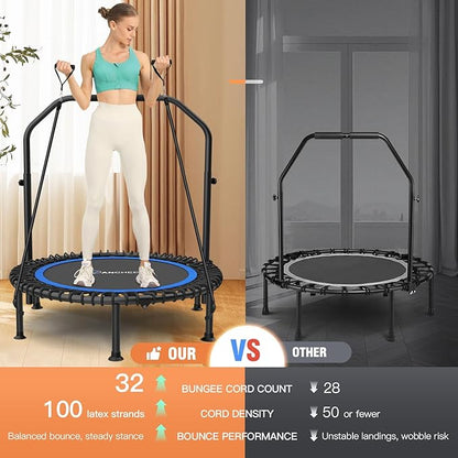 ANCHEER 40" Foldable Mini Trampoline,Max Load 450lbs/550lbs Indoor Trampoline,with 4 Level Adjustable Foam Handle and Resistance Bands,Adult Exercise Trampoline for Home, Garden, and Gym