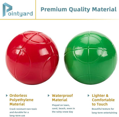 Pointyard 100mm Bocce Ball Set, Regulation Bocci Ball Set with 8 PE Bocce Balls/1 Pallino/Carrying Bag/Measuring Tape - Outdoor Family Bocce Game for Backyard/Lawn/Beach (Red,Blue,Green,Yellow)