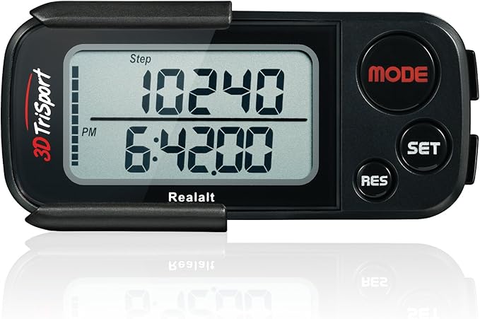 3DTriSport Walking 3D Pedometer with Clip & Strap, eBook Included | 30 Days Memory, Accurate Step Counter, Walking Distance Miles/Km, Calorie Counter, Daily Exercise Time Monitor