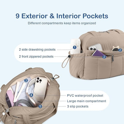 TOPDesign Travel Duffel Bag for Women, Puffer Gym Bag Sports Tote with Wet Pocket, Carry On Weekender with Luggage Sleeve (Camel)