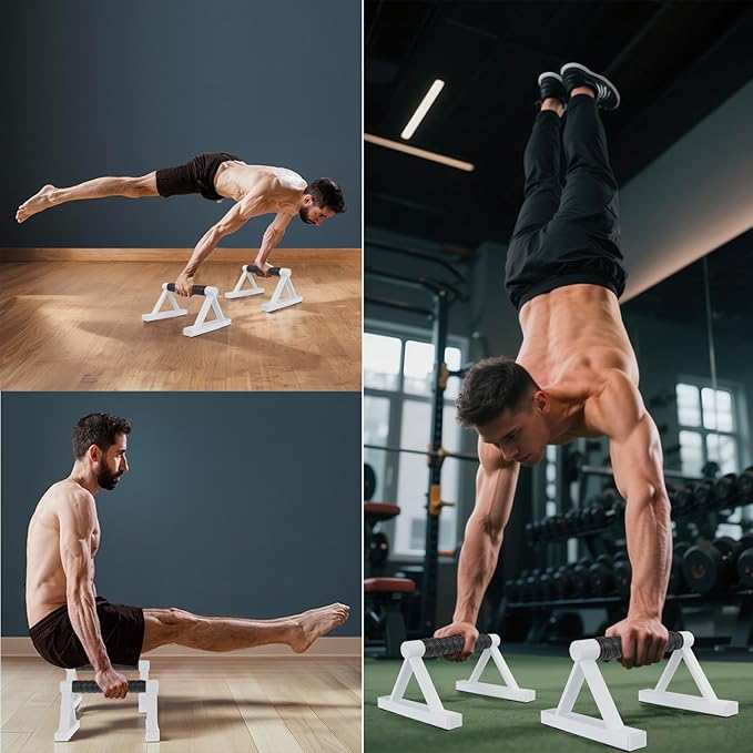 1 Pair Wooden Parallettes Push Up Bars for Men, Strength Training Pushup Stands Handles for Home Calisthenics, Fitness, Floor Workouts Solid Wood with White Metal Bracket - Support 500 lbs