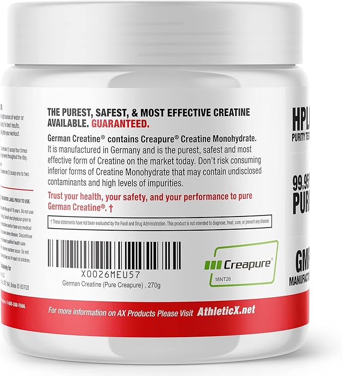 German Creatine - Micronized Creatine Monohydrate Powder, 99.99% Pure Creapure for Muscle Growth, Strength & Performance, Supports Muscle Recovery, 3rd Party Tested, Unflavored - 270g (54 Servings)