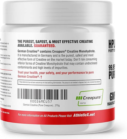 German Creatine - Micronized Creatine Monohydrate Powder, 99.99% Pure Creapure for Muscle Growth, Strength & Performance, Supports Muscle Recovery, 3rd Party Tested, Unflavored - 270g (54 Servings)