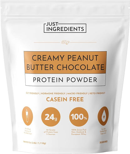 JUST INGREDIENTS Creamy Peanut Butter Chocolate Protein Powder ??30-ServingBlend with Grass-Fed Whey, Pea, Pumpkin Seed, Chia & Collagen ??No Sugar Added ??No Gums 24g Protein