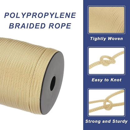 MECCANIXITY 5/32 Inch Polypropylene Rope Braided Ropes, 328ft Camping Rope Hollow Utility Cord for Clothesline, Hiking, Outdoor, Khaki