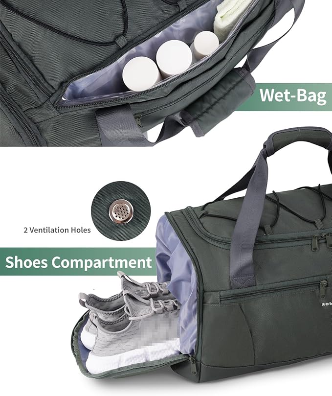 Sportsnew Gym Bag for Women with Shoe Compartment Wet Pocket & Yoga Mat Holder,Mens Duffel Bag for Travel with Laptop Compartment,Weekender Overnight Carry On Bag for Men(Army Green Patent Pending)