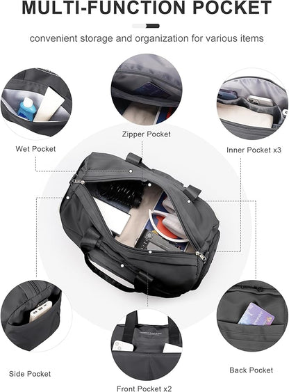 Gym Bag for Women Men with Shoe Compartment, Sport Duffel Bag, Waterproof Travel Weekender Overnight Carry on Bag for Yoga with Trolley Sleeve, Grey