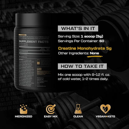 HOSSTILE Creatine Monohydrate Powder for Men & Women, Micronized, Improve Muscle Size, Strength & Power Output, Post Workout Recovery Drink, Unflavored, 60 Servings