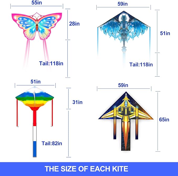 4Pack Large Kite Set - Easy to Fly for Kids Adults, Beach & Park & Outdoor Activities, Perfect for Easter and Festival
