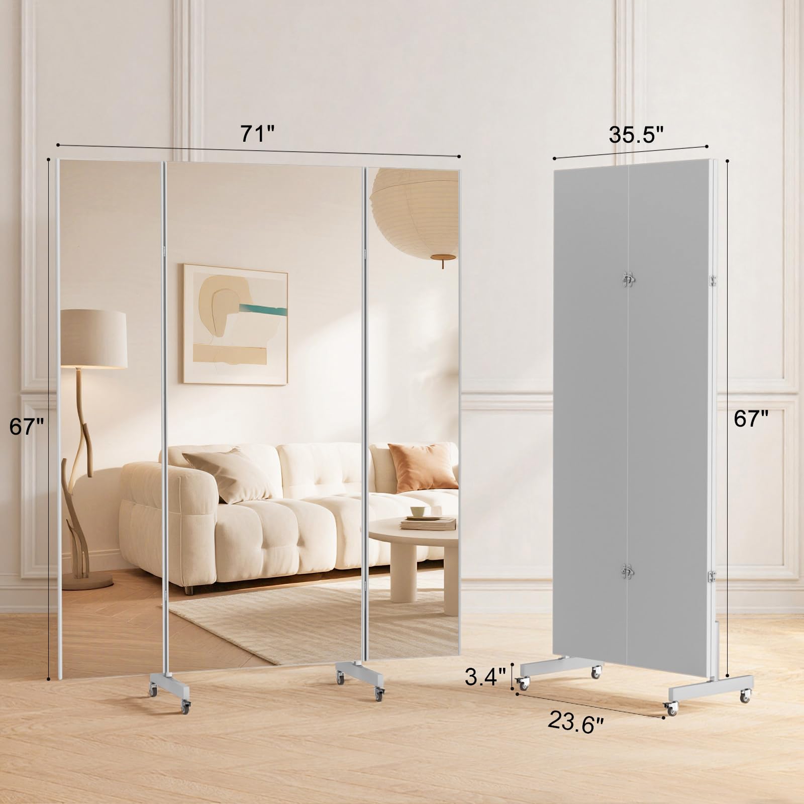 brisafe 71"x67" Folding Mirror with Wheels, 3-Panel Full Length Standing Mirror, Space-Saving