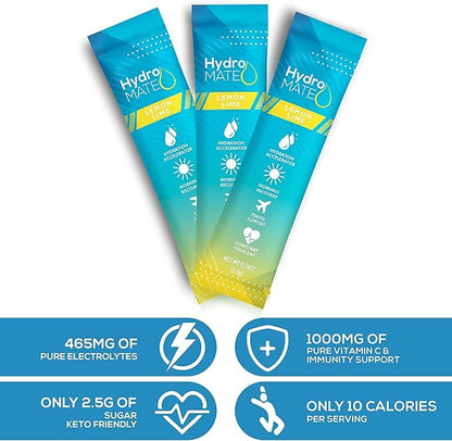 HydroMATE Electrolyte Powder Lemon Lime Hydration Packets Low Sugar 16 Count