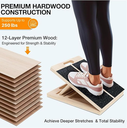 Professional Wooden Slant Board for Calf Stretching, Portable 5-Stretch Board for Knees, Non-Slip Foot Incline Board Physical Therapy Equipment Calf Stretch, Extra Side Handle for Carry