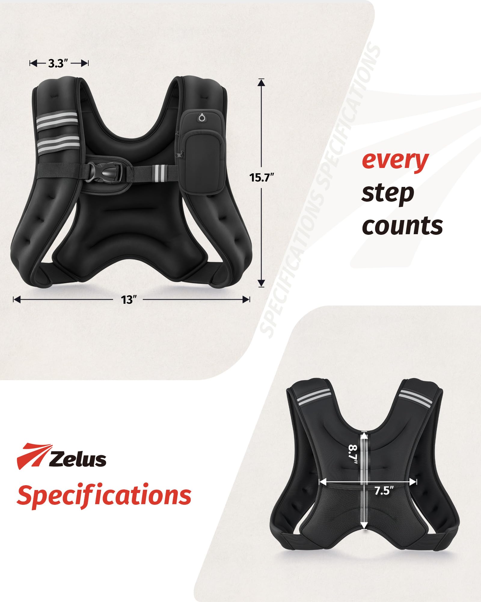 ZELUS Weighted Vest, 6lb/8lb/12lb/16lb/20lb/25lb/30lb Weight Vest with Reflective Stripe for