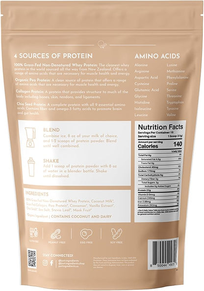 Just Ingredients Protein Powder | Snickerdoodle Protein Powder Made With 100% Grass Fed, Non Denatured Whey | Four Different Protein Sources | Organic Whole Food Ingredients | 15 Serving | 22g protein