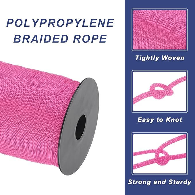 MECCANIXITY 1/8 Inch Polypropylene Rope Braided Ropes, 328ft Nylon Rope Hollow Utility Cord for Clothesline, Camping, Hiking, Outdoor, Dark Pink