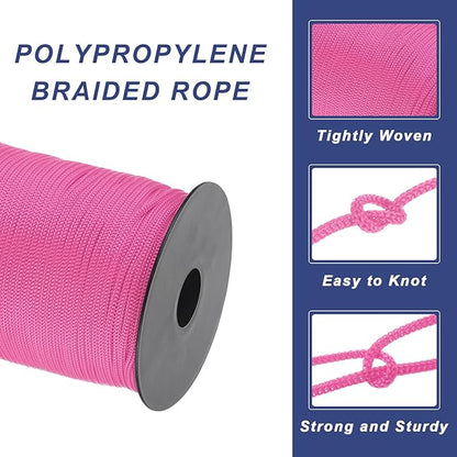 MECCANIXITY 1/8 Inch Polypropylene Rope Braided Ropes, 328ft Nylon Rope Hollow Utility Cord for Clothesline, Camping, Hiking, Outdoor, Dark Pink