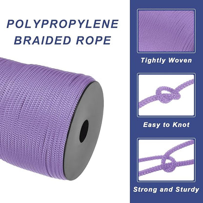 MECCANIXITY 5/32 Inch Polypropylene Rope Braided Ropes, 328ft Camping Rope Hollow Utility Cord for Clothesline, Hiking, Outdoor, Light Purple