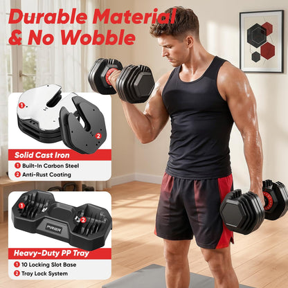 PIRIER Adjustable Dumbbell Set 50LB, 18-in-1 Free Weight Adjustable Dumbbells, One-Hand Twist
