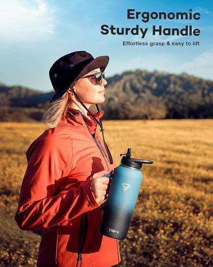 40 oz Insulated Water Bottle with Straw and Lid, Food-grade Double Wall Vacuum Stainless Steel Flask with Handle,Leakproof Metal Travel Jug With Pouch and Brush,Keep Cold & Hot,Indigo Black