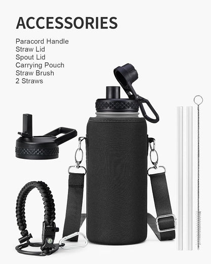 32oz Insulated Water Bottle,Stainless Steel Vacuum Water Bottle, BPA-Free & Leakproof -with Paracord Handle,Strap,Straw Spout Lids,Large Water Jug for Gym Sports