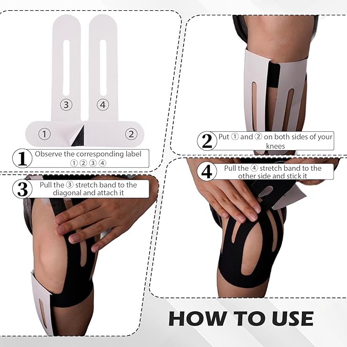 12 Pcs Precut Kinesiology Tape for Knees，Knee Tape for Knee Pain Relief Pre Cut，Waterproof, Breathable, Hypoallergenic Athletic Tape for Support and Protection (Black)