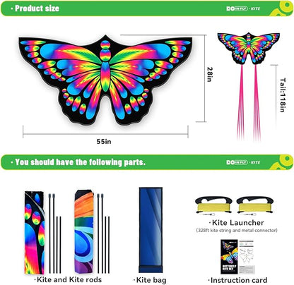 2 Pack Butterfly Kites, for Kids and Adults, Easy to Fly for Beginners, 55" x 27" with Vibrant Print and Winder, Perfect for Beach, Park, Backyard Flying & Family Outdoor Activities