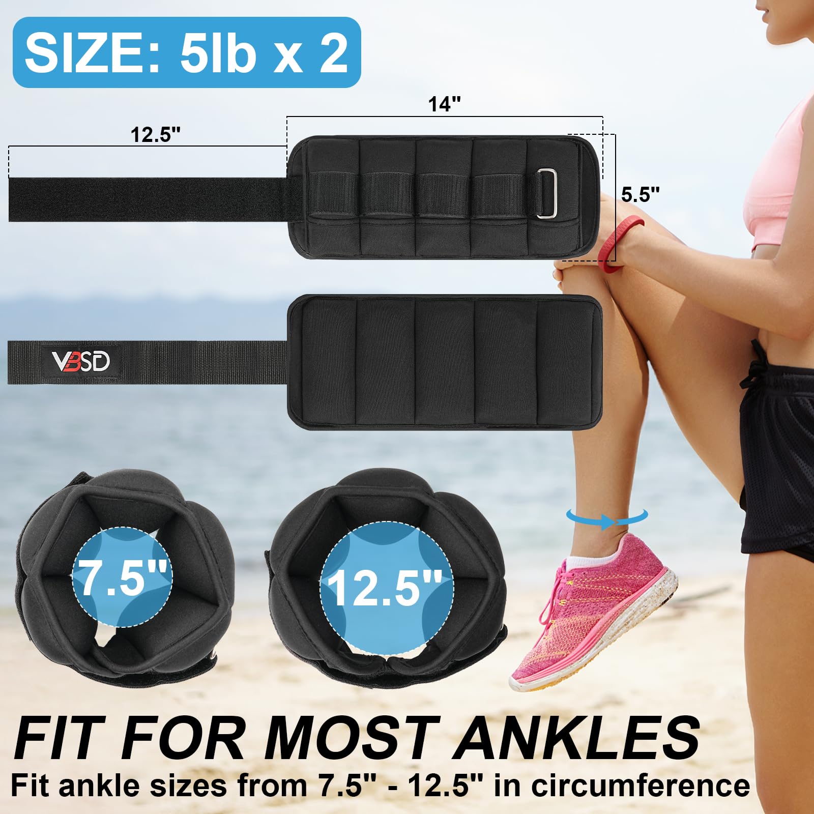 VBSD Adjustable Ankle Weights for Men Women, 10lb 1 Pair Leg Weight Straps, Weighted Ankle Weights