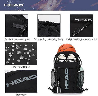 HEAD Waterproof Gym Sackpack for Sport with 2 Zipper Pockets, Large Drawstring Backpacks for Men with Side Pockets for Water Bottle