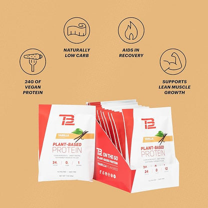 TB12 Plant Based Protein Powder by Tom Brady, 24g of Vegan Pea Protein, Low Sugar, Low Carb, Non-GMO, Meal Replacement, Keto Friendly, Paleo, Sugar Free, Vanilla Flavor (1.12 Ounce, Pack of 12)