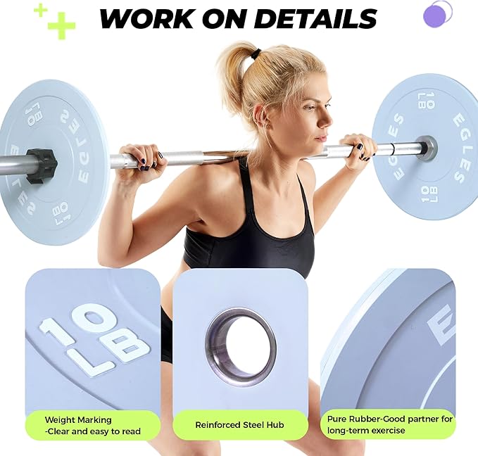 EGLES Vibrant Colorful Olympic Weight Plates, Rubber Barbell Plates, 2-inch Standard Virgin Rubber Bumper Plate 10 15 25 35 45LB for Home Gym Weightlifting, Strength Training, Fit Workouts