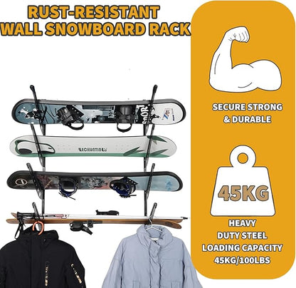 4 Board Snowboard Wall Racks, Adjustable Storage Rack for Ski, Surfboard, Wakeboard, Snowboard Wall Mount Display, Black